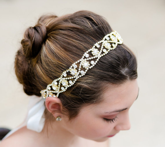 Свадьба - Crystal Rhinestone and Gold Tie Headband  for Wedding or Special Occasion also Available in Silver