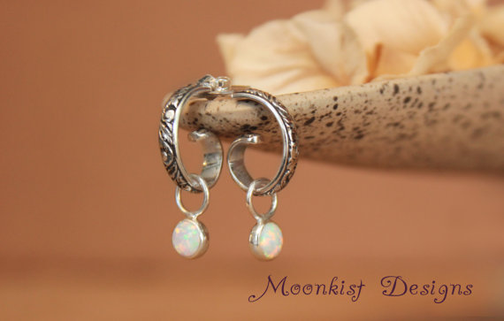 Wedding - Sterling Silver Hoop Dangle Opal Earrings - Spiral Floral Hoop Earrings - Coordinated Wedding Jewelry - Tendril and Vine Bridesmaid Earrings