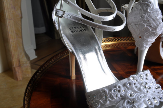 Hochzeit - Wedding Shoes - Stuart Weitzman Ivory Heels Reimbroidered with Lace and Swarovski Crystals - Size 8 - ready to ship - JUST REDUCED