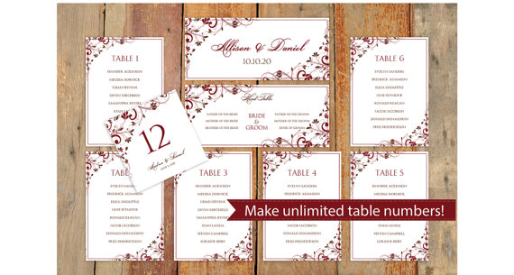 Wedding - Wedding Seating Chart Template - DOWNLOAD Instantly - EDITABLE TEXT -Chic Bouquet (Chocolate & Burgundy)  - Microsoft Word Format