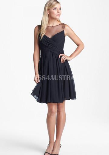زفاف - A-line Sheer Neckline Black Short Chiffon Bridesmaid / Little Black Dresses