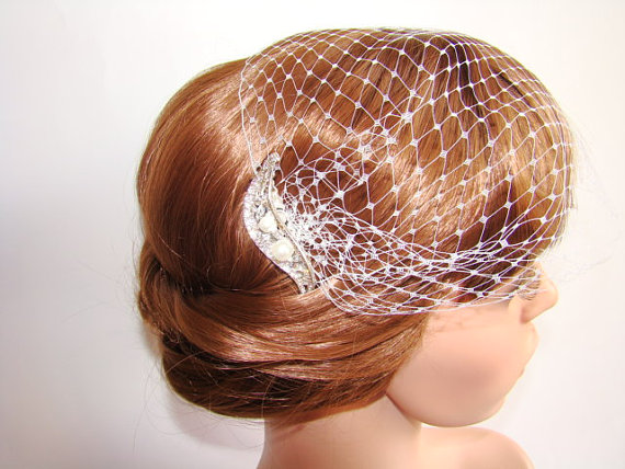 زفاف - Ivory Birdcage Veil with Rhinestone Hair Comb