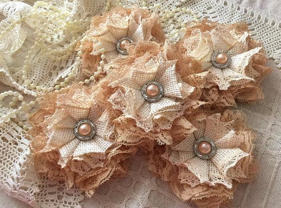 Wedding - 5 antique color lace and ivory color burlap handmade flowers