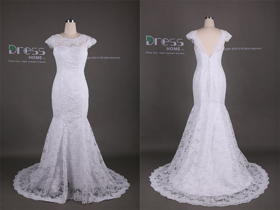 Hochzeit - White Cap Sleeve Lace Mermaid Wedding Dress/Lace Fishtail Wedding Gown/Lace Wedding Dress with Sleeve/Beach Wedding Dress Mermaid DH319