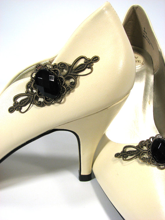 Wedding - Shoe Clips Black Faceted Jewel Bronze Fancy Filigree Prom Jewelry for your Shoes