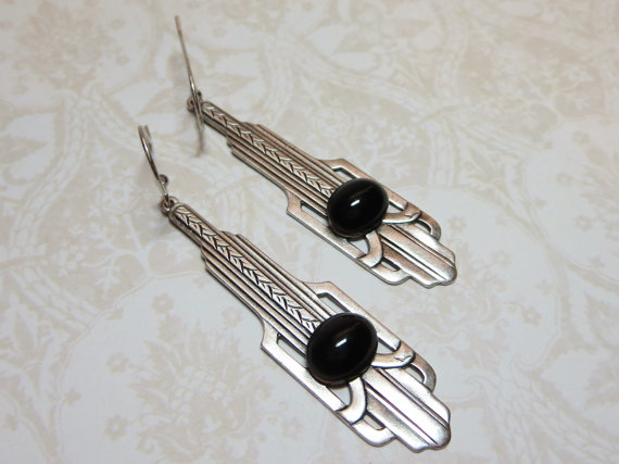 Wedding - Art Deco Earring Dangles Jewelry with Vintage Glass Jet Black Cab Antiqued Silver Ox Bridal Wedding Earrings Jewelry