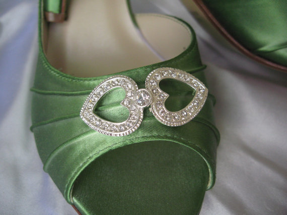 Hochzeit - Wedding Shoes Apple Green Bridal Shoes with Double Crystal Rhinestone Heart -100 Additional Colors To Pick From