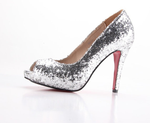 Wedding - Hanamde blingbling silver sequin shoes for party or wedding , peep open toe prom pumps