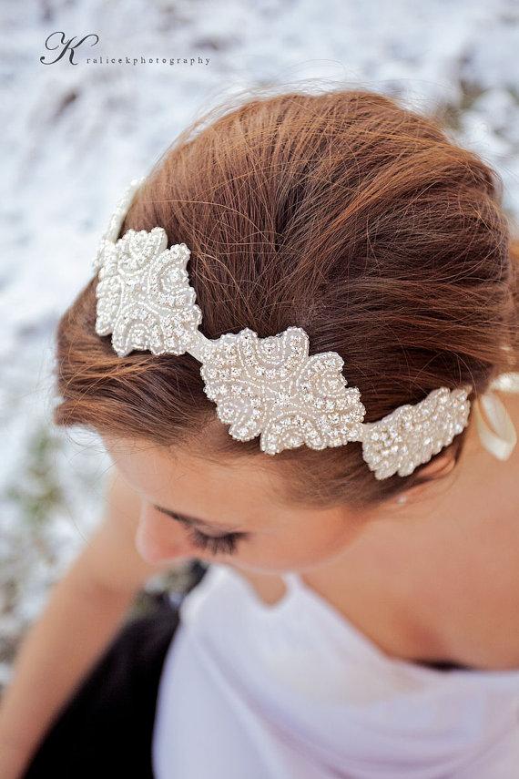 زفاف - Bridal Headband, Rhinestone Headband, Wedding Hair Accessory, Bridal Accessories, Ribbon, AVA