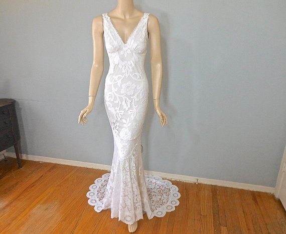 Hochzeit - Handmade Lace Wedding Dress, White Bohemian WEDDING Gown, Wedding Dress, Hippie BoHo wedding dress, Fairy Wedding Dress Sz Small