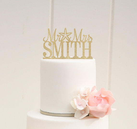 زفاف - Starfish Beach Glitter Wedding Cake Topper Mr and Mrs Topper Design With YOUR Last Name