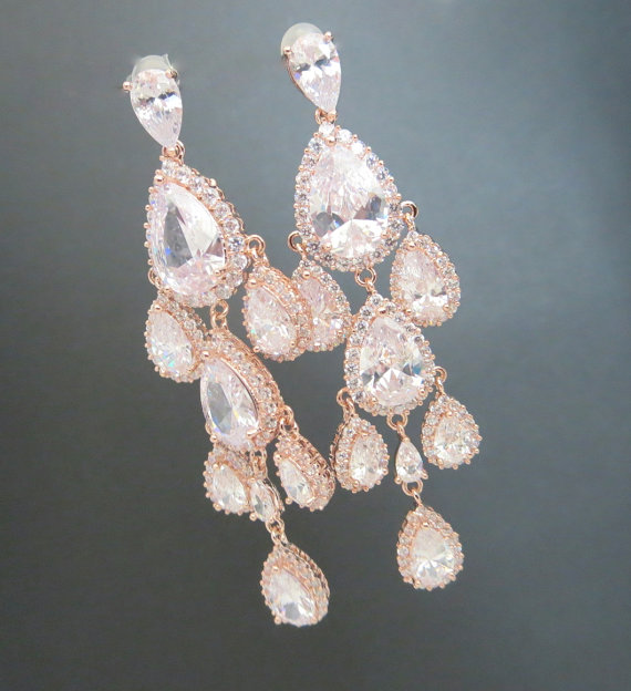 Свадьба - Rose Gold Chandelier earrings, Rose Gold Bridal earrings, Wedding earrings, Crystal earrings, Bridal jewelry, Long Bridal earrings