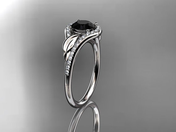 Hochzeit - Platinum diamond leaf wedding ring,engagement ring black diamond center stone, ADLR334