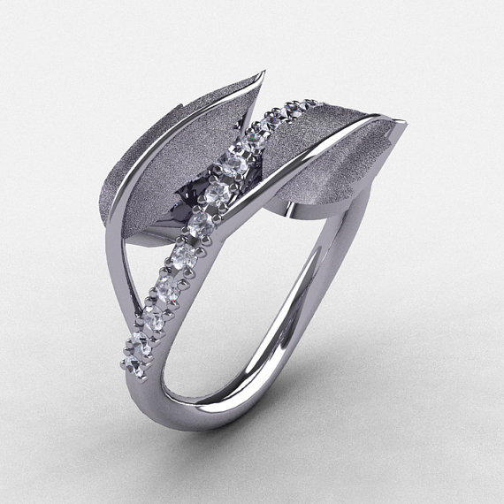 زفاف - Natures Nouveau 14K White Gold White Sapphire Leaf and Vine Wedding Ring, Engagement Ring NN113S-14KWGWS