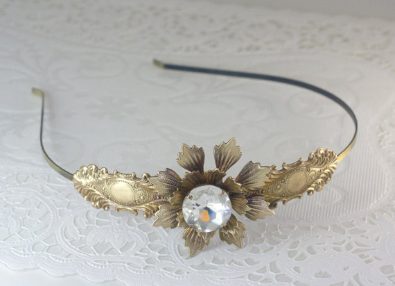Hochzeit - Bridal headband crystal jewel vintage style Victorian flower wedding head piece brass antique style bronze