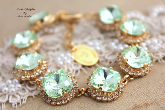 Hochzeit - Mint Gold Bracelet Green Swarovski Rhinestone bracelet, bridesmaids,Bridal jewelry - 18k gold filled and gold plated  Swarovski Bracelet.