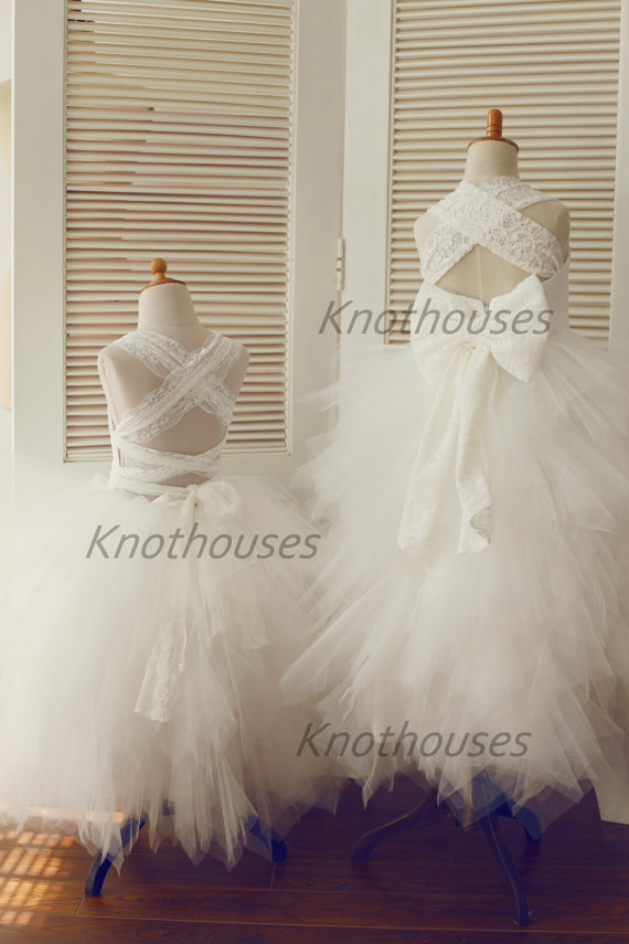 زفاف - Backless Lace Tulle Flower Girl Dress Children Toddler Party Dress for Wedding Junior Bridesmaid Dress