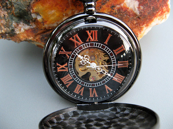 Wedding - Black Engravable Pocket Watch, Mechanical 17 Jewel, Pocket Watch Chain - Groom - Groomsmen Gift - Watch - Item MPW821