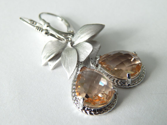 زفاف - Champagne Earrings,Fashion Earrings, Glass Drop Earrings, Wedding Jewelry, Sterling Silver, Orchid Flower Dangle Earrings