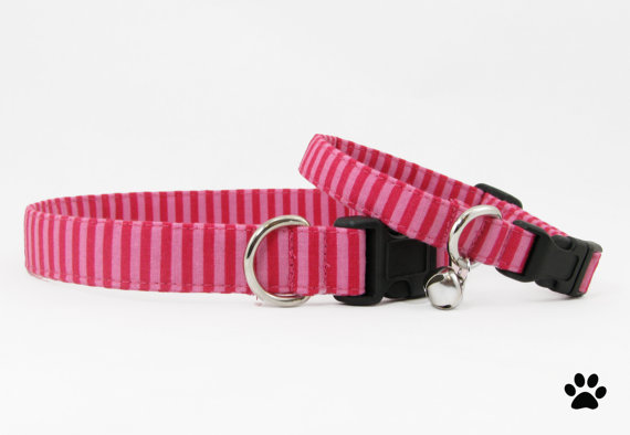 زفاف - Pink two tone stripe - pet collar, dog collar, cat collar