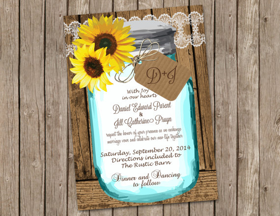 Wedding - Sunflower Wedding Invitation, shabby wood, Mason jar, Digital file, Printable