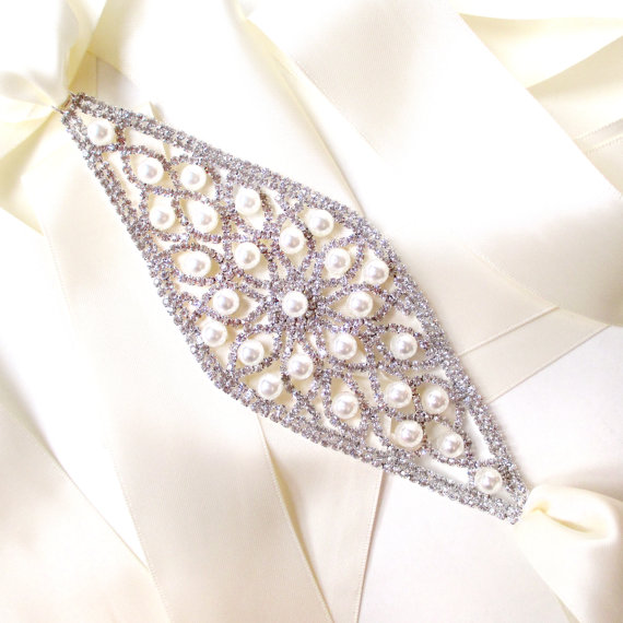 زفاف - Charming Wide Pearl and Rhinestone Wedding Dress Sash - Silver Rhinestone Encrusted Bridal Belt Sash - Crystal Extra Wide Wedding Belt