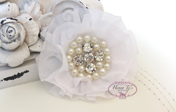 Wedding - New: Reilly Collection, 2 pcs WHITE Soft Chiffon Ruffled Fabric Flowers w/ Rhinestones Pearls - Layered Bouquet fabric flowers