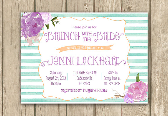 زفاف - printable bridal shower invitation, lilac mauve purple teal aqua, bridal brunch, brunch with the bride invite, stripes, digital invitation