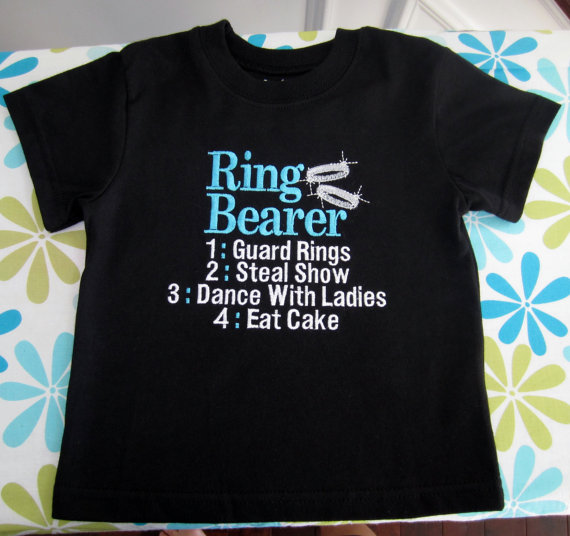 Mariage - Embroidered - Ring Bearer shirt or bodysuit - turquoise & white - silver/platinum rings