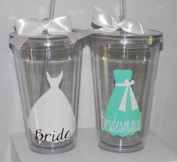 Wedding - 4-Personalized Bridesmaid Wedding Tumblers - Set of 4    Flower Girl Ring Bearer- Any Color Any Design Custom
