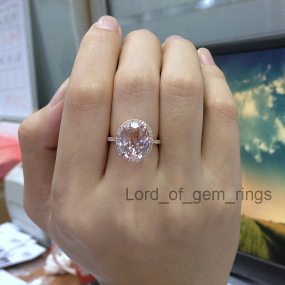 Wedding - 14K Rose Gold 10x12mm Oval Cut 5ctw Pink Morganite Ring  Pave Diamonds Engagement Ring Wedding Ring
