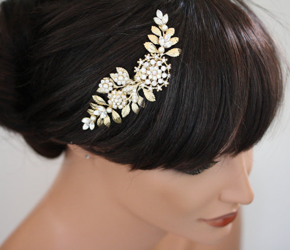 Wedding - Gold Wedding Hair Piece Bridal hair Comb Vintage leaves Wedding Hair Accessories Swarovski Rhinestone White Ivory Pearl IVY