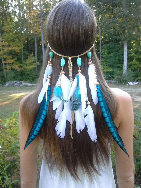 زفاف - Turquoise Princess - Feather headband, native american, indian headband, hippie headband, bohemian headband, wedding veil, feather veil