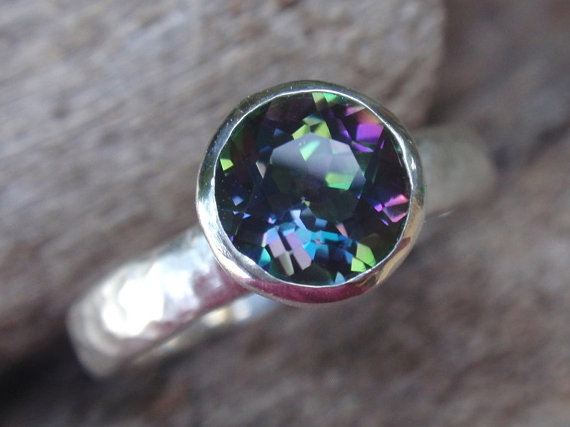 زفاف - mystic topaz ring - 7mm natural blue green topaz engagement ring - handmade - stackable ring - gemstone ring stacking ring - made to order