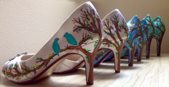 زفاف - Blue Wedding Shoes , Tiffany blue shoes , painted birds trees leaves, something blue bridal shoes , carved bark initials personalized custom