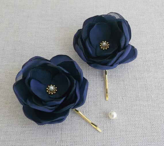 Mariage - Small navy blue flower in handmade Bridal Bridesmaids hair shoe clip dress sash Ornament Something blue Flower girls gift Weddings Gold set