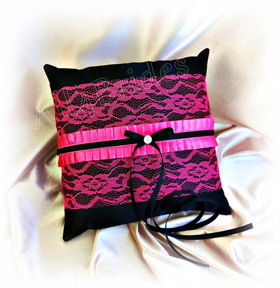 Wedding - Black and hot pink lace wedding ring pillow, satin and lace ring bearer cushion.