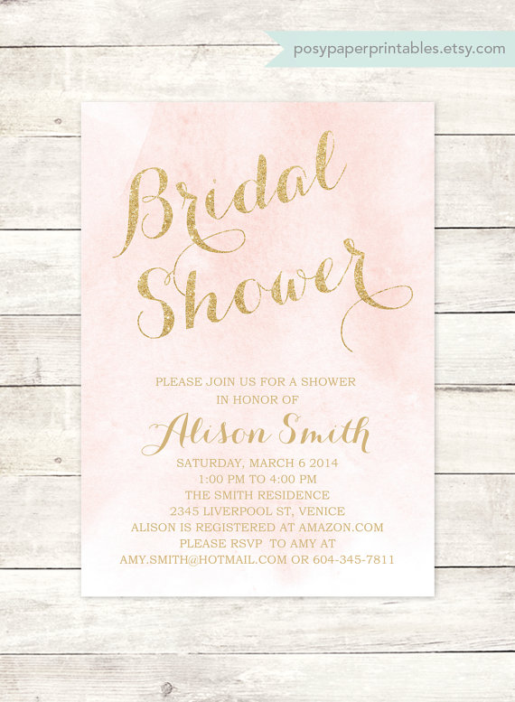 Mariage - pink gold bridal shower invitation printable watercolor blush pink gold glitter watercolour wedding shower digital invite customizable