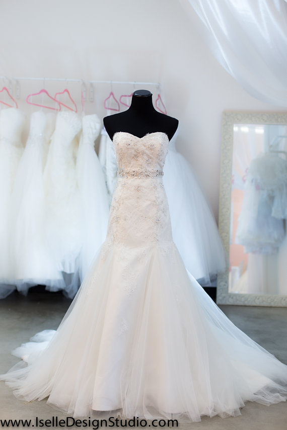 Wedding - SAMPLE SALE - Lace Wedding Dress-  Ivory, Sweetheart Neckline, Fit and Flare, Beads, Sash, tulle, beaded Trumpet