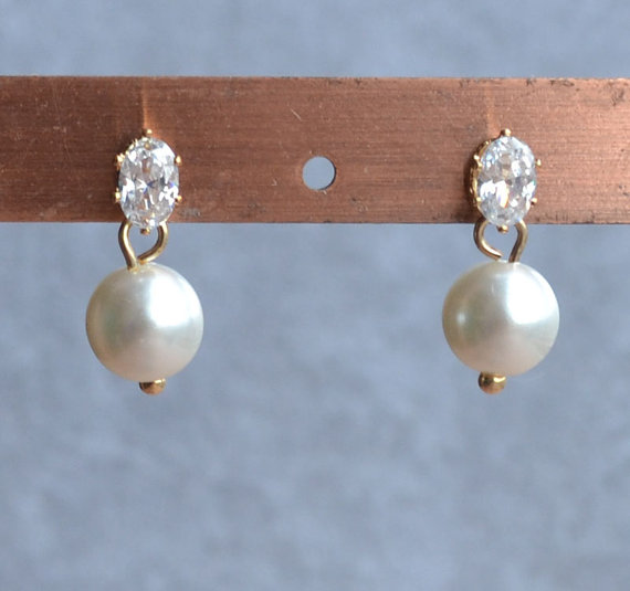 Wedding - cubic zirconia earrings, Ivory pearl earrings,golden colour earrings,Wedding earrings,bridesmaid earrings,Jewelry,Maid of honor jewelry