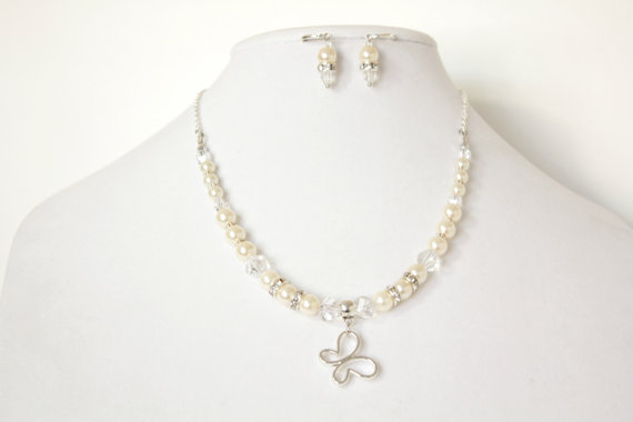Hochzeit - Butterfly Bride Necklace Ivory or White Pearls and Crystals - Wedding Jewelry - Bridal Necklace Earring Set