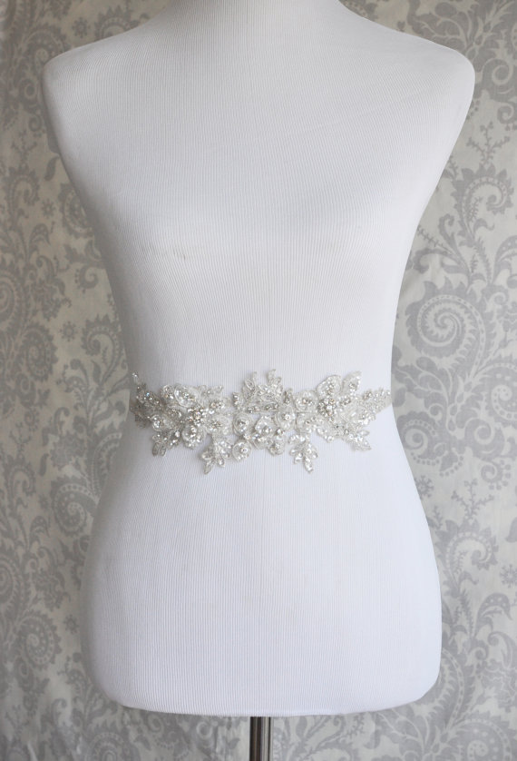 Wedding - Crystal Sash, Rhinestone Bridal Sash on Floral Lace, Silver Crystal wedding sash, Bridal Belt, Bridal Accessories - 102S