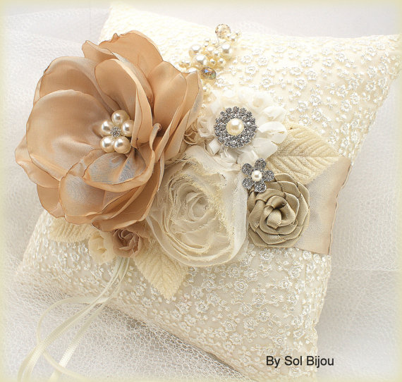 Mariage - Ring Bearer Pillow Bridal Pillow in Ivory, Tan, Gold and Champagne with Lace, Handmade Flowers and Jewels Vintage Inspired