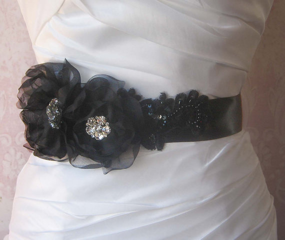 Wedding - Black Bridal Sash, Wedding Belt with Handmade Silk Organza Flowers, Crystals and Beaded Lace - LUNE NOIRE