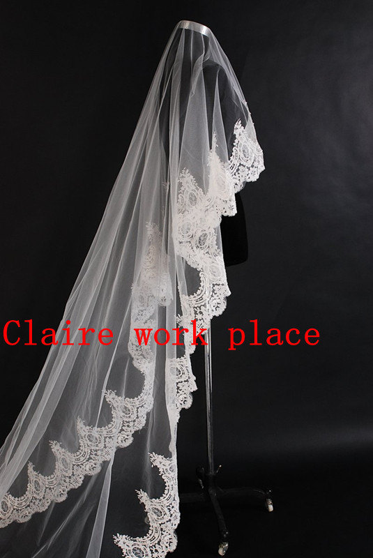 Hochzeit - Wide lace wedding veil bride veil white ivory mantilla bridal veil fingertip church any custom length wedding veils luxury wedding design