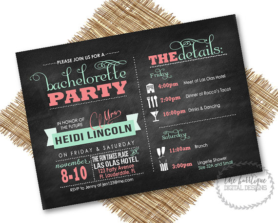 Hochzeit - Bachelorette Party Night/Weekend Itinerary Modern Invitations (Bachelorette Schedule/Bachelorette Weekend Invitations) -- Digital Printable