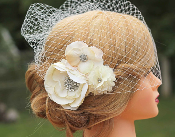 Свадьба - Ivory Birdcage Veil- Ivory Flower Fascinator- Wedding Headpiece-Available in Ivory or White