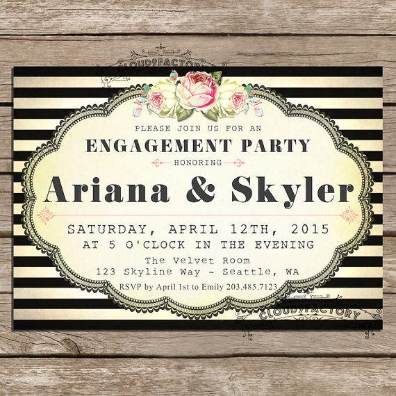 Hochzeit - Engagement Party Invitations printable diy Digital File - black and white stripes Fancy Vintage Garden Party No390