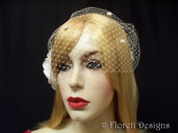 Wedding - Birdcage Wedding Veil Ivory Dotted French Bandeau 9in -Ready Made