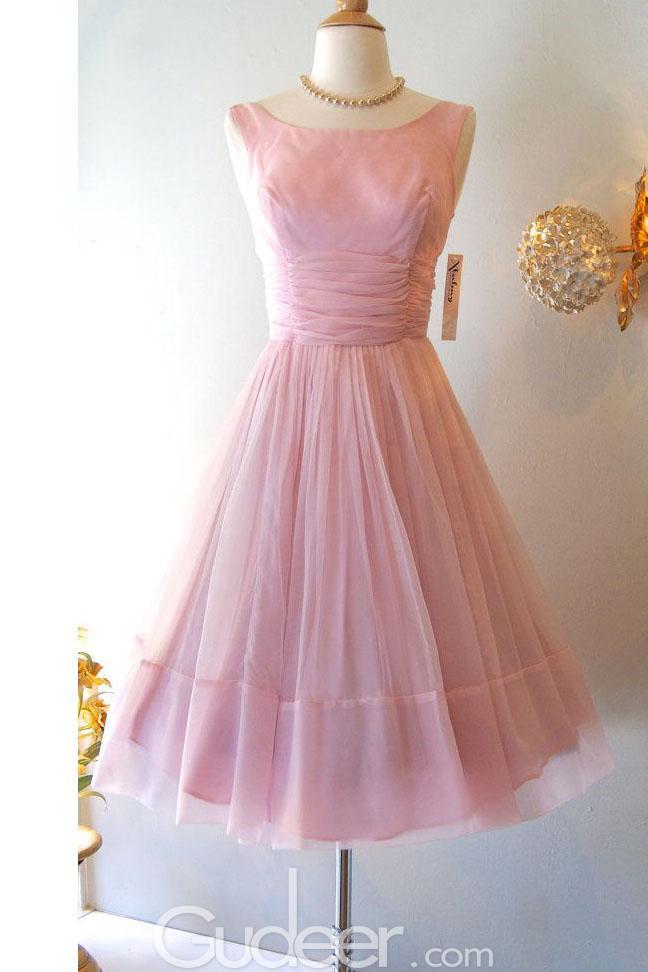 زفاف - Sleeveless Bateau Neck Pink Chiffon Overlay Bridesmaid Dress